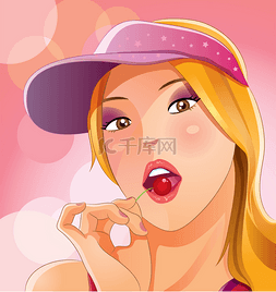 樱桃女孩卡通图片_漂亮的女孩吃樱桃