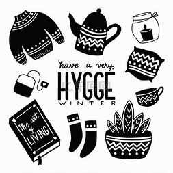 Hygge 概念与黑白手写字体和插图设