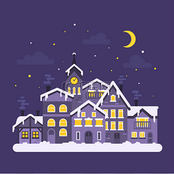 手绘村庄矢量图片_矢量平面样式插画的圣诞冬季夜晚