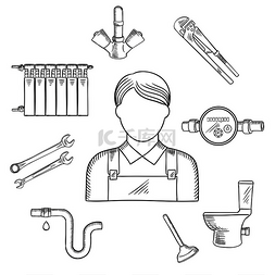 水龙头管道图片_管道服务素描男性水管工的符号，
