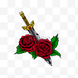 仗剑图片_匕首与玫瑰纹身复古t恤图案