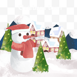 水彩挂件插画图片_水彩风格圣诞小镇圣诞雪人