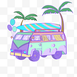 夏日海滩车图片_度假巴士冲浪板