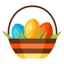 复活节快乐彩蛋在篮子里的插图。