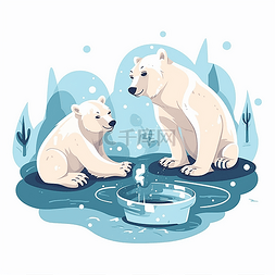 两只吃鱼的北极熊
