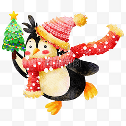 水彩灯笼背景图片_圣诞节企鹅水彩风格