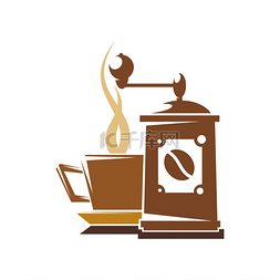 机械咖啡研磨机和热气腾腾的热饮