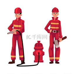 消防员，消防员在红色的防护服，