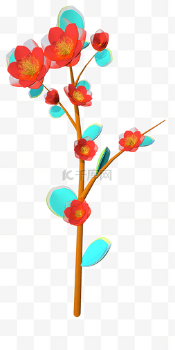 装饰红花图片_3D立体新中式植物装饰撞色