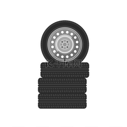 车轮与路障图片_车轮堆。轮胎车间的汽车轮胎组。