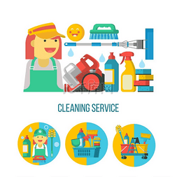 房屋背景图片_清洁服务平面矢量插图一套标志徽