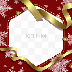 复古红色丝带边框图片_金色丝带圣诞冬季雪花红色边框