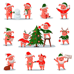 圣诞帽插图图片_戴着圣诞帽的猪是 2019 年新年的象
