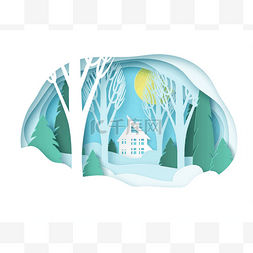 冬季纸景观与房子。雪地森林，树