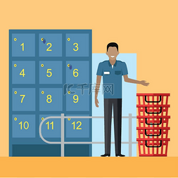 储物柜的设计图片_超市病媒中的储物柜和保安人员。