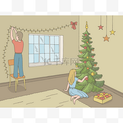 孩子装饰房间和圣诞树在客厅图形
