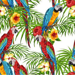 色彩斑斓花图片_带有鹦鹉图案的热带无缝图案棕榈