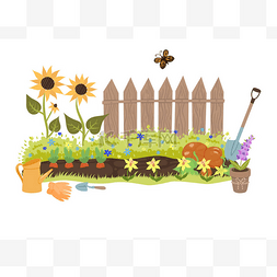 用篱笆、向日葵和园艺工具装饰夏