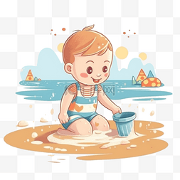 沙滩数字图片_扁平卡通夏季儿童沙滩玩耍
