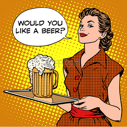 卡通酒吧素材图片_女服务员啤酒在托盘上