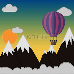 热气球插图图片_紫色的热气球飞越群山。