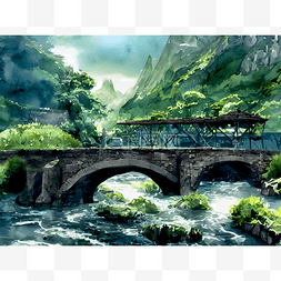 绿色天空图片_山中石桥