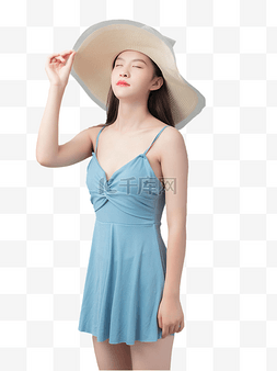 夏天女孩摄影图片_穿泳装戴帽子女孩人物