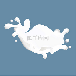 牛奶液体滴图片_蓝色背景上孤立的牛奶飞溅。
