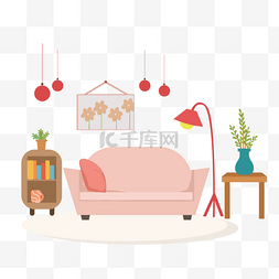 家具装饰画图片_客厅粉色可爱扁平风格插画