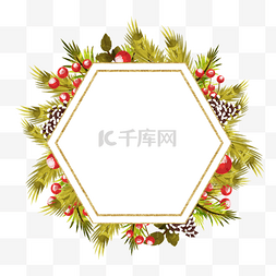 彩色花卉背景图片_圣诞节一品红花卉水彩六边形边框