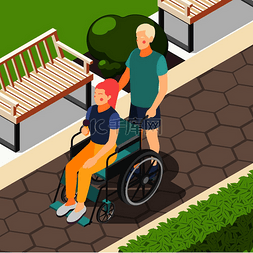 瘫痪轮椅图片_残疾人户外等距构图与一对夫妇在