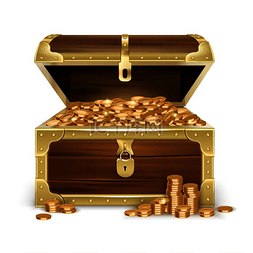 棕色的木箱图片_逼真的开放式旧木箱配有金币和白