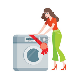 女人在孤立的平面样式中购买洗衣