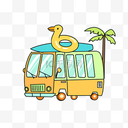 夏日海滩椰树图片_黄色巴士冲浪板