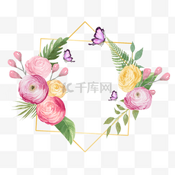 彩色花卉背景图片_花卉金线边框蝴蝶水彩风格彩色