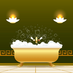 卡通绿色房间图片_金色浴缸插图金色浴缸矢量插图浴