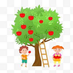 拿苹果图片_卡通人物小女孩小男孩爬梯子摘苹