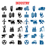 工业和能源平面图标，包括油泵和油桶、炼油厂和拖拉机、玉米、小麦、辐射、太阳能电池板和齿轮、燃料和叉车、灯泡和铲子、风力涡轮机和采矿、电力。