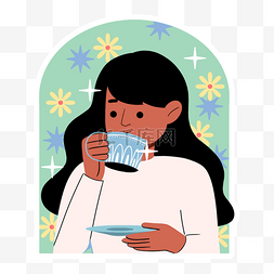 卡通抽象女孩喝茶贴纸