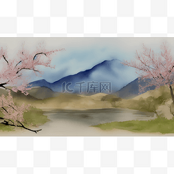粉色的山图片_江边的桃花