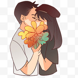 拿着鲜花的情侣接吻