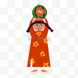 大暑习俗图片_穿着红色传统服装举着西瓜的越南