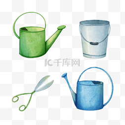 园艺工具水壶和剪刀铁桶水彩