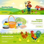 农业横条旗套装家禽养殖场横幅上有卡通风景农夫和鸡的角色以及带有阅读更多按钮矢量插图的新鲜产品