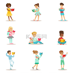 Children Who Love To Read Set Of Illustration