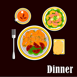 海鲜水果沙拉图片_桌上供应开胃晚餐，包括炸土豆、