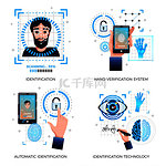 识别技术概念 4 图标设置与人脸识别手自动验证技术系统隔离矢量图。