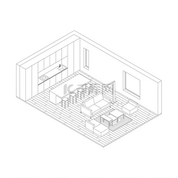 住宅结构图片_客厅客厅内部的插图等轴测视图