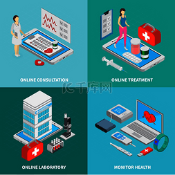 移动医疗概念等距图标集与在线治