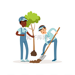 孩子们种树。穿着工作服和帽子的男孩。一个孩子手里拿着幼苗, 用铲子挖坑。园艺概念。卡通志愿者。平面向量